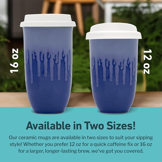 NOVA CERAMICS Ceramic Tumbler– Blue Ceramic Mug – Microwave & Dishwasher Safe Coffee White & Orange Tumbler - Leak-Proof Coffee Travel Mug – 16oz – Neptune