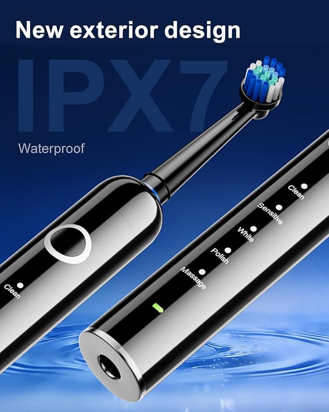 Rotating Electric Toothbrush for Adults, 8 Brush Heads (2 Types) & Travel Case, 5 Cleaning Modes Rechargeable Power Toothbrush with 2-Minute Smart Timer, Black