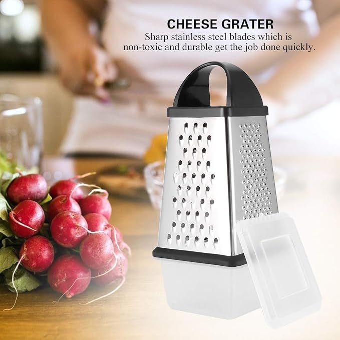 Cheese Grater, 4 Sided Box Grater Stainless Steel Cheese Grater Shredder Slicer for Grading Cheeses Fruits Vegetables Chocolates Peeler