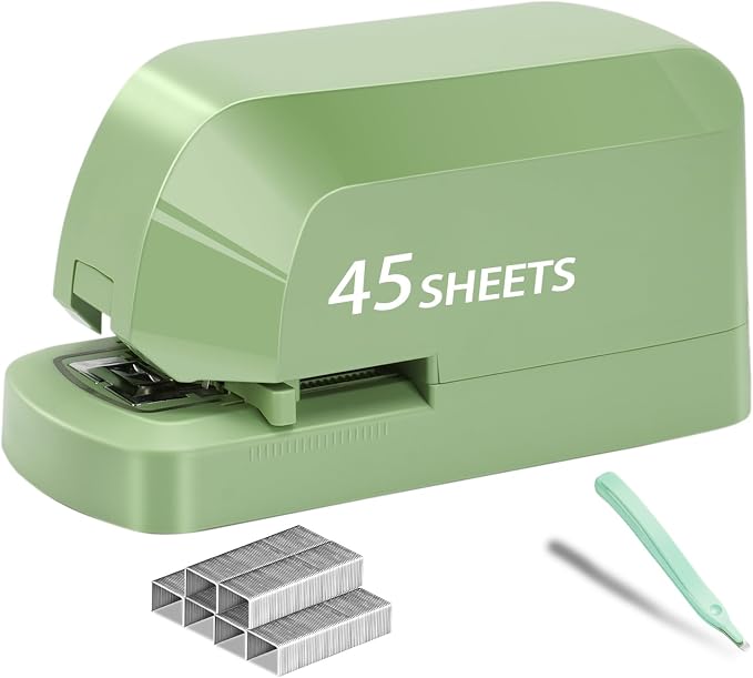 Electric Stapler for Desk, 45 Sheet Capacity Automatic Stapler Desktop, Office Staplers Electric, AC Operated Staplers Heavy Duty Office Use with 1,000 Staples & Staple Remover, Saga Green