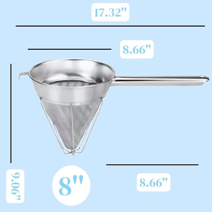 8-Inch Stainless Steel Fine Mesh Chinois Strainer | Large Strainer Reinforced Bouillon Strainer for Sauces, Soups, Purees, Pastes, Jelly, Custard, Curds and etc.