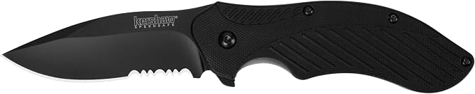 Kershaw Clash Black Serrated Pocketknife, 3" 8Cr13MoV Steel Drop Point Blade, Assisted One-Handed Flipper Opening, Folding Utility EDC | 3.1 Inch Steel Drop Point Partially Serrated Blade, Assisted Opening, Reversible Clip, For Men and Women