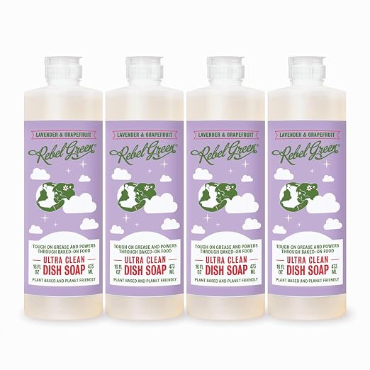 Rebel Green Super Deluxe Dish Soap - Natural Dishwashing Soap - Liquid Dish Detergent - Sustainable Dish Liquid Scented with Lavender & Grapefruit - (16 oz Bottles, 4 Pack)
