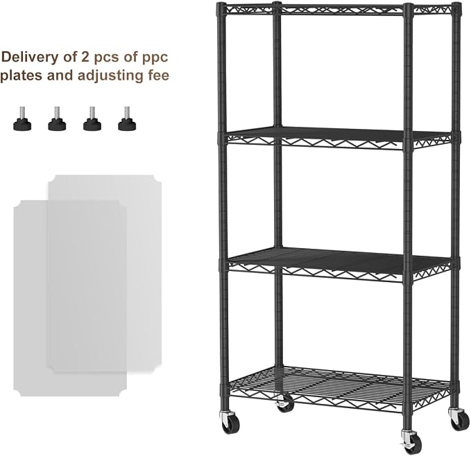Golpart 4 Tier Shelves Storage Shelf Wire Closet Bathroom Organizers Metal Pantry Kitchen Garage Shelving Unit Laundry Room Organization Home Rack Net Basket Black with Wheels 14”D X 24”W X 48.9”H