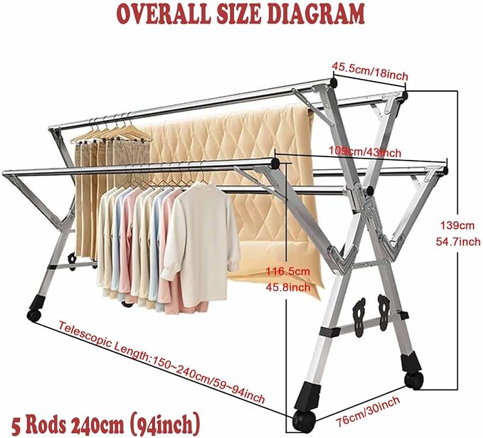 Adjustable Clothes Drying Rack,Folding Blanket Rack,5-Bar | Stainless Steel Laundry Stand,Laundry Drying Rack with Wheels,Extendable from 59 to 94.5 Inches,Hooks,for Indoor Outdoor