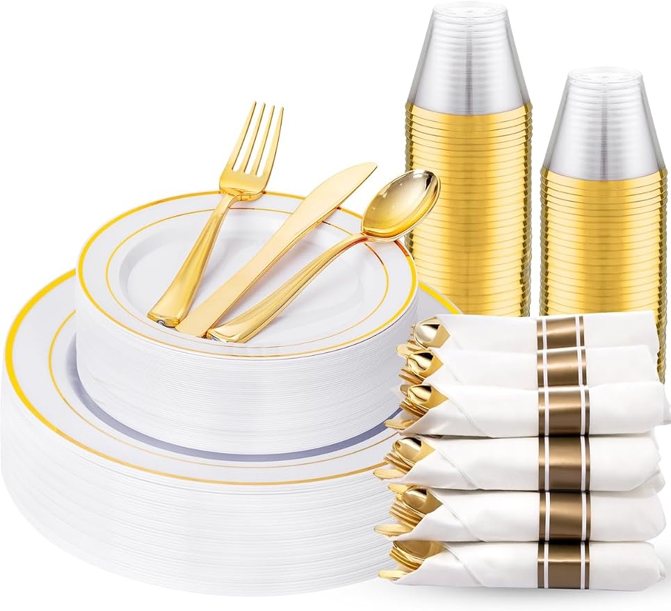 WDF Partyware 175PCS White and Gold Plastic Plates - Gold Plates with Rolled Napkins for Party - 25Guest Disposable Dinnerware Sets for Wedding/Baby Shower/Birthday