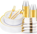 WDF Partyware 175PCS White and Gold Plastic Plates - Gold Plates with Rolled Napkins for Party - 25Guest Disposable Dinnerware Sets for Wedding/Baby Shower/Birthday
