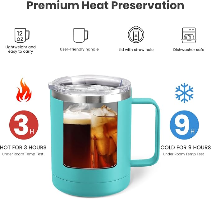 MEWAY 12oz Coffee Mug With Handle 4 Pack Bulk,Stainless Steel Insulated Travel Tumblers With Sliding Lid,Double Wall Vacuum Camping Cup for Hot & Cold Drinks Tea (Light Green,Set of 4)