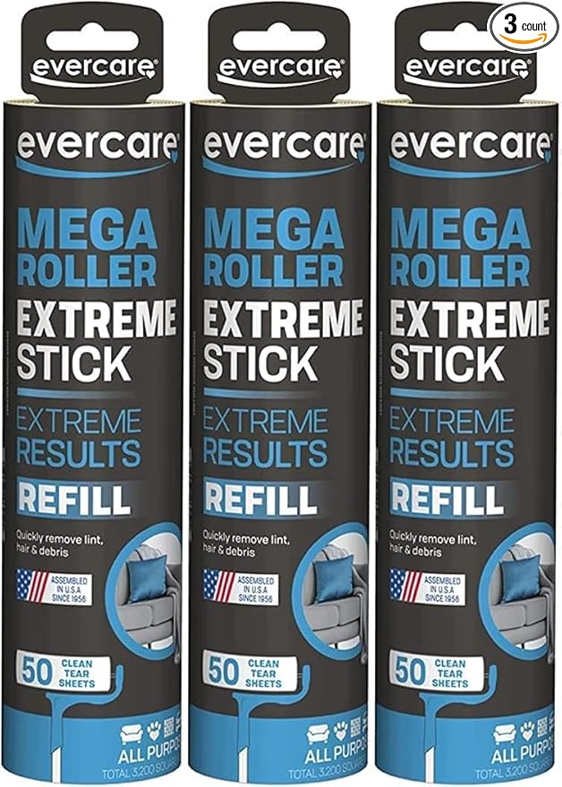 evercare Pet Mega Extreme Surface Coverage 50 Layer Lint Roller Refill for Cleaning Debris Off of Clothes and Furniture, 3 Pack