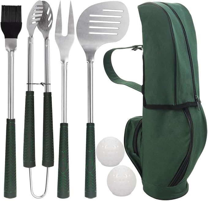 POLIGO 7PCS Golf-Club Style BBQ Tool Set Grilling Tools with Rubber Handle - Stainless Steel Grill Accessories for Outdoor Grill Set Premium Grill Utensils Set Fathers Day Birthday Gifts for Men Green