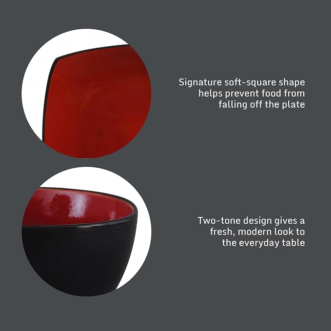 Gibson Elite Soho Lounge Square 16-Piece Dinnerware Set, Service for 4, Reactive Glaze Stoneware Plates and Bowls, Modern Dishes, Microwave & Dishwasher Safe – Red and Black