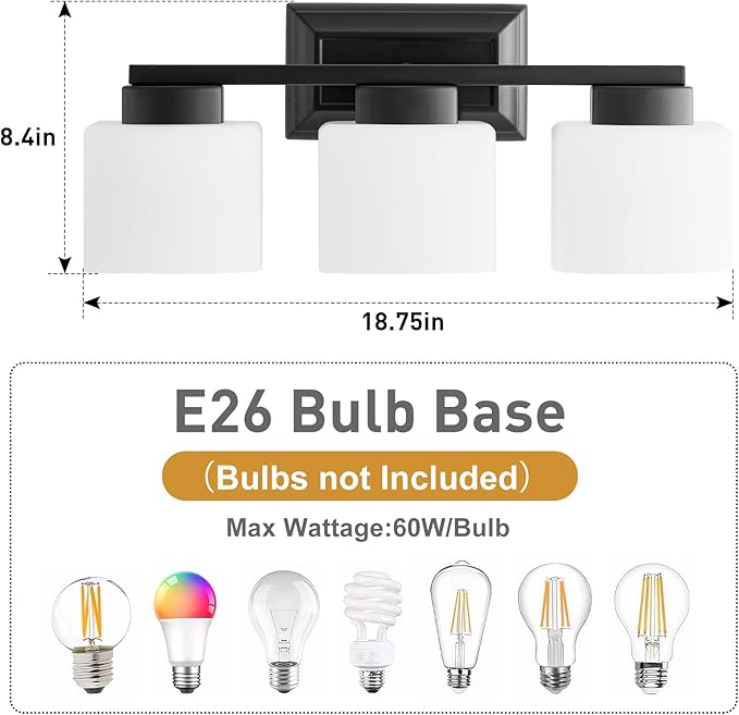 EJIAXIN 3-Light Bathroom Light Fixtures - Black Bathroom Vanity Lights with Frosted Glass Shade Modern Bathroom Lighting Fixtures Over Mirror - Wall Sconce Lamps for Bedroom,Living Room,Hallway