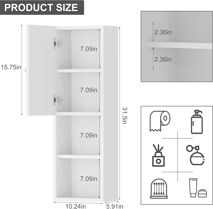 Qupui Fluted Bathroom Wall Cabinet, 31.5" Tall 4-Tier Narrow Medicine Cabinet Organizer with Adjustable Shelf & Doors, Wall Mounted Storage Cabinet for Bathroom, Laundry Room, Small Kitchen (White)