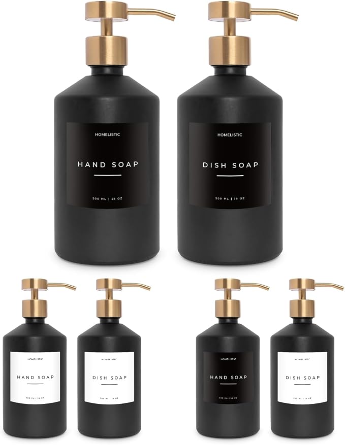 Homelistic Matte Black Glass Soap Dispenser Set with Champagne Gold Pump – 16oz Refillable Kitchen & Bathroom Soap Dispensers (2 Pack) Rust-Resistant Stainless Steel Pumps, 48 Labels