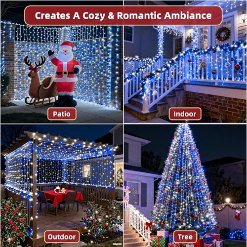 240FT Christmas Lights Outdoor, 750 LED Christmas Tree Decoration Lights with 12 Modes & Timer Memory, Dimmable Plug In Waterproof LED Xmas Light for Yard Trees Wedding Party Holiday Blue & White