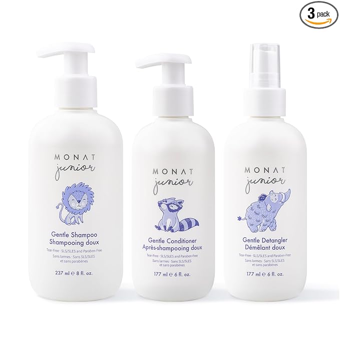MONAT Junior Gentle 3-in-1 Hair Care System - Shampoo, Conditioner, Detangler for Children (8 fl. oz./6 fl. oz.)