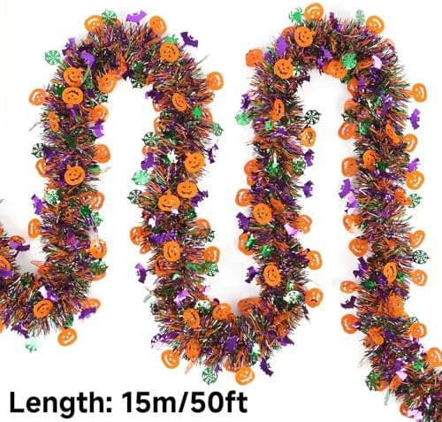 50 Ft Halloween Tinsel Garlands,Funny Pumpkin Bats Spider and Web Shiny Metallic Twist Foil Tinsel Garland Hanging Holiday Decorations for Home Indoor Outdoor Festivities Party Decor