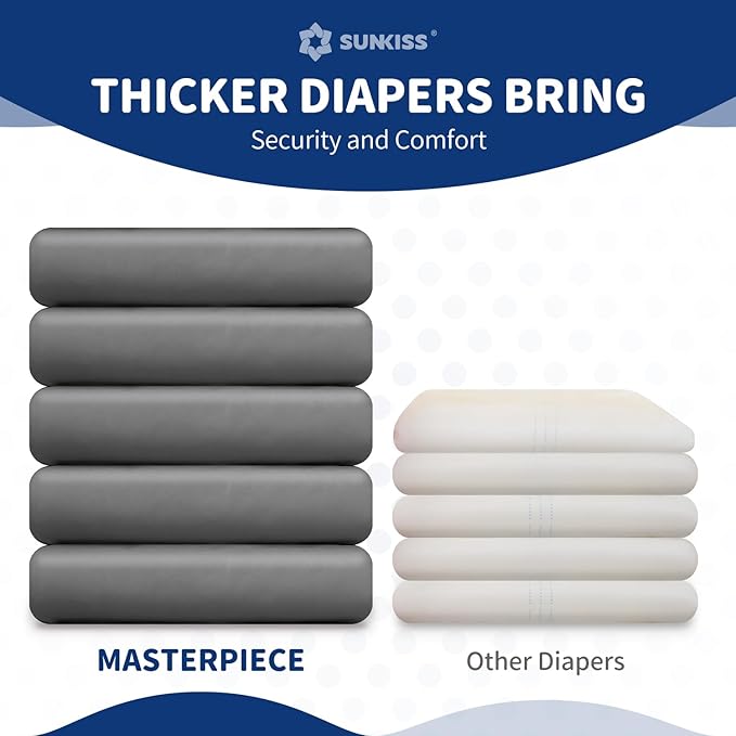 SUNKISS Masterpiece Adult Diapers with Tabs, Unisex Disposable Incontinence Briefs for Women and Men, Odor Control, Grey, S/M, 40 Count