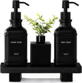 Modern Kitchen Soap Dispenser Set with Wood Tray, Black Glass Soap Dispenser with Pump, Decorative Hand and Dish Soap Dispenser Set, Soap and Lotion Dispenser Upgrade for Kitchen and Bathroom Decor