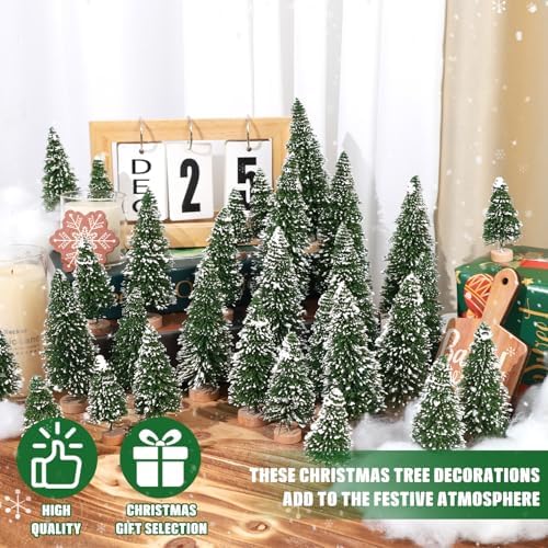 30Pcs Mini Christmas Trees Artificial Christmas Tree Bottle Brush Trees with Wooden Base for Christmas Decor Christmas Party Home Table Craft Decorations(Green-A)