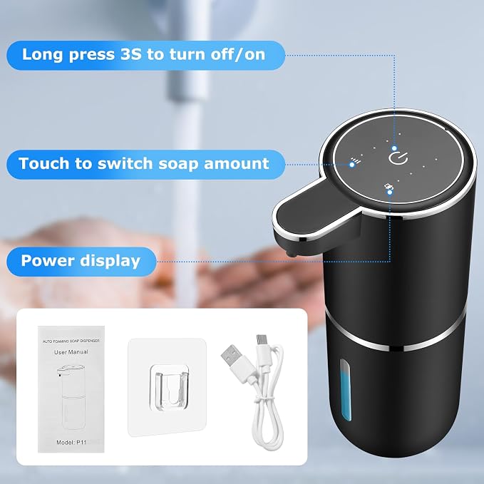 VZZNN 2 Pack Automatic Soap Dispensers,12.8oz/380ml USB Touchless Automatic Foaming Soap Dispenser,Rechargeabled Wall Mounted Smart Soap Dispenser for Bathroom Kitchen Dish Soap(Black)