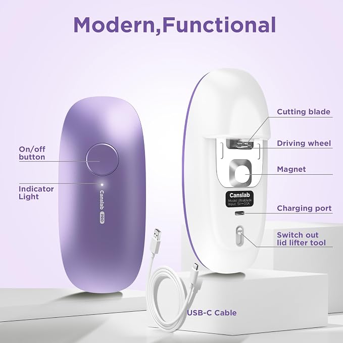 Canslab Ultrablade PRO Electric Can Opener,USB Rechargeable,Smart Auto Stop | Automatic Can Opener for Seniors with Arthritis, Handsfree Side Cut with Smooth Edge, Cordless, Kitchen Wall Mountable, Lilac