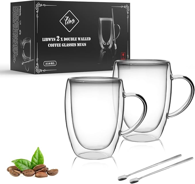LIBWYS 12oz Double Walled Coffee Cups Glasses Mugs, Espresso Cappuccino Latte Tea Cups with Handle 350ml (2x350ml)