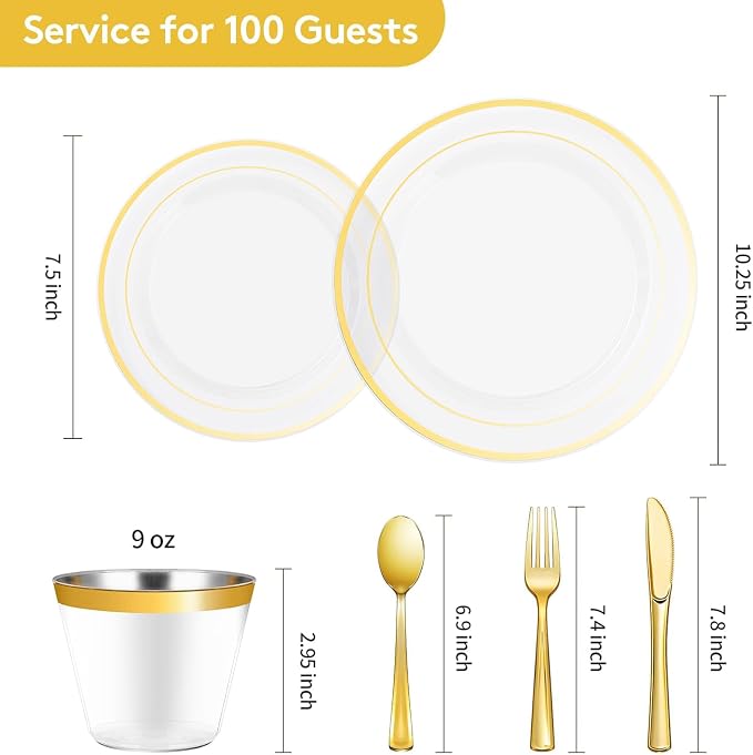 Goodluck 600 Pieces Clear Gold Plates for 100 Guests, Plastic Plates for Party, Dinnerware Set of 100 Dinner and 100 Dessert Plates, 100 Spoons, 100 Forks, 100 Knives, 100 Cups