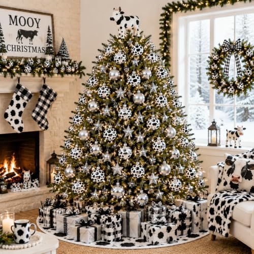 32 Pcs Cow Christmas Tree Decorations Cow Tree Topper Christmas Balls Skirt Xmas Western Cowhide Ornaments for Farmhouse Country Home Xmas Gift