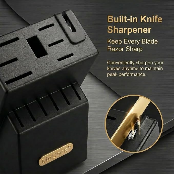 McCook® Knife Sets, Golden Titanium Stainless Steel Kitchen Knife Block Sets with Built-in Sharpener, 15 Piece Knives, Restaurant Grade Sharp, Elegant Gold & Stylish Wooden Block for Modern Culinary | German Forged Stainless Steel,15 PC,Razor Sharp,Ant...
