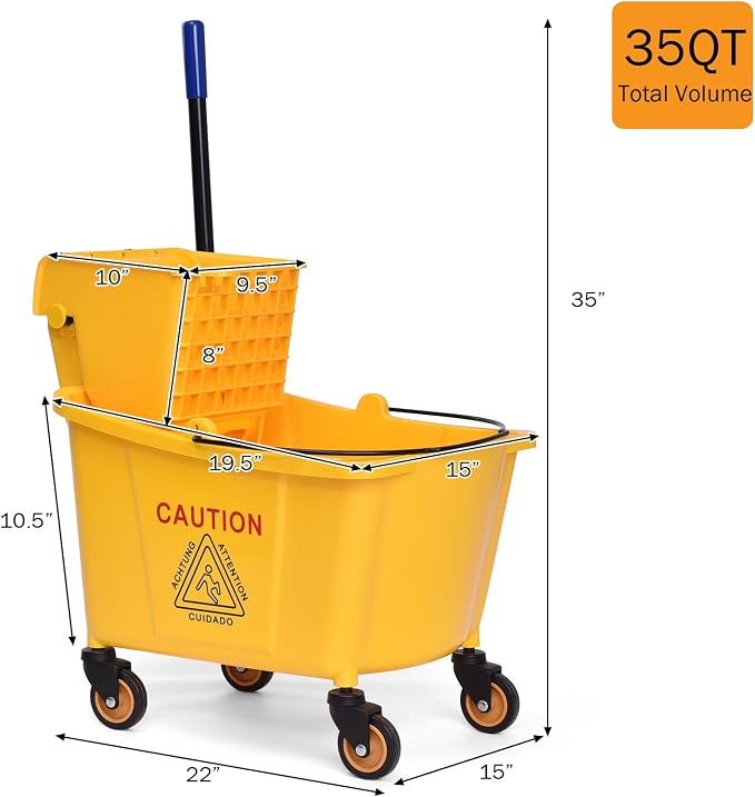 ARLIME Commercial Mop Bucket with Wringer, 35 Quart Capacity Portable Wringer Trolley, Side Press Floor Cleaning Wavebrake w/Handle, Small Mop Bucket on Wheels for Home, Industrial, Yellow | Portable Wringer Trolley, Side Press Floor Cleaning Wavebrake...