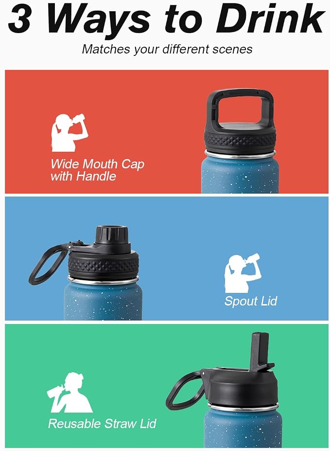 Coolflask Water Bottle 24 oz Insulated with Straw, Stainless Steel Metal 3 Lids Water Flask Wide Mouth for Sports or Office, Non-BPA Keep Cold Up to 48 Hrs or Hot Up to 24 Hrs, Turquoise