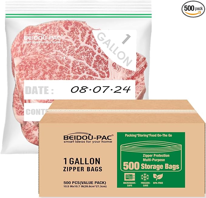BEIDOU-PAC Gallon Food Storage Freezer Bags, 500 Count | Double Zipper | 10.5" * 10.7", Freshness Easy Open Reclosable Clear Plastic Bags