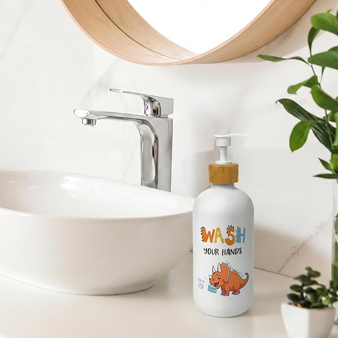 Kids Bathroom Soap Dispenser, Dinosaur Glass Dish Soap Dispenser with Pump for Kitchen, Wash Your Hands Toddler Bathroom Countertop Handsoap Refillable Container