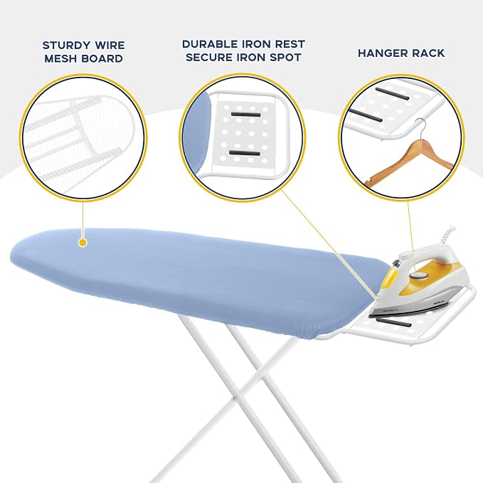 RAINHOL Ironing Board, 43x13 Full Size Iron Board with Iron Rest, Heavy Duty Compact Ironing Board with Thick Cover and Pad, Height Adjustable Sturdy Iron Stand, Blue