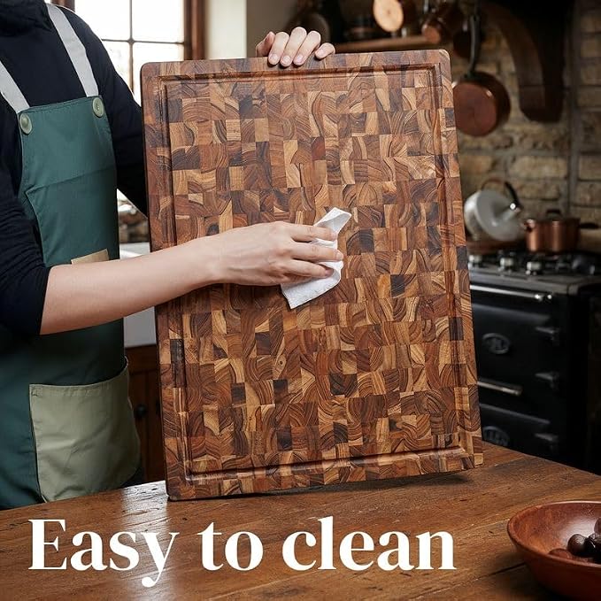 Premium Teak Wood XL End Grain Cutting Board 20 x 15 Inch, Extra Thick 1.5 Inch Butcher Block for Meat & BBQ Prep, Large Solid Wood Cutting Board with Juice Groove by New M Way