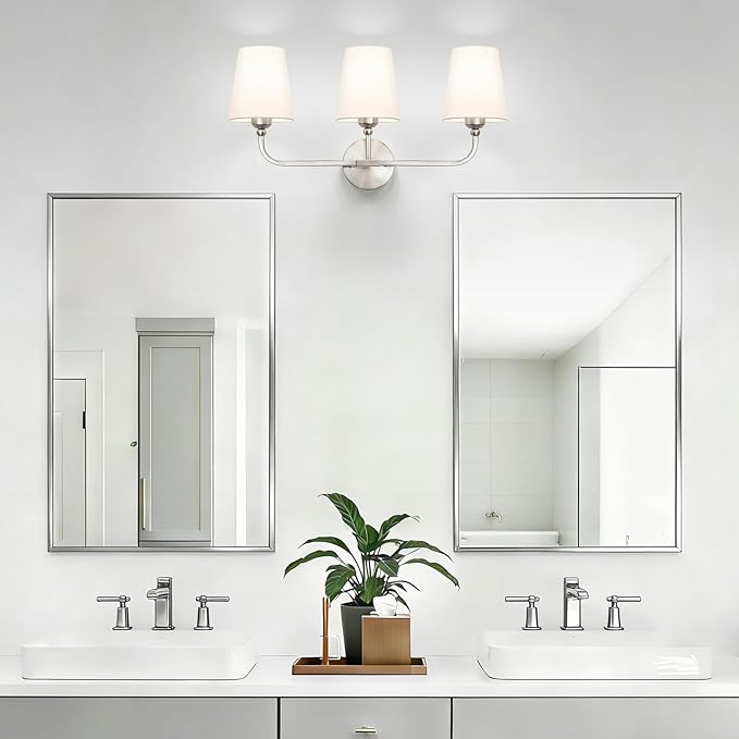 Bathroom Vanity Light, Brushed Nickel Bathroom Light Fixtures, 3-Light Lighting Fixtures Over Mirror, Modern Wall Sconce with Flared White Fabric Shade, E26 Socket(ETL Listed)