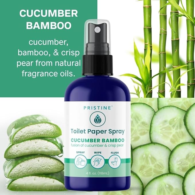PRISTINE Toilet Paper Spray, As Seen on Shark Tank, Flushable Wipe Alternative, Personal Cleansing Bathroom Spray for Regular Toilet Tissue, Bidet Alternative, Made in USA, Cucumber Bamboo, 4oz Bottle