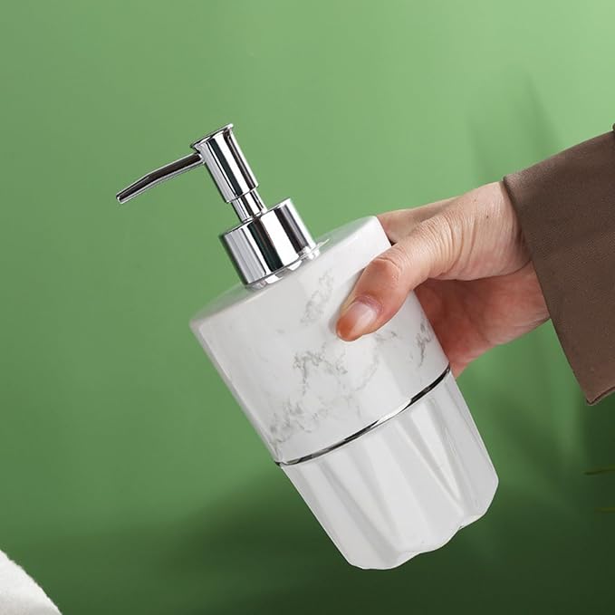 Soap Dispenser Set White, Set of 5 Bathroom Accessories, with 2 Toothbrush Cups, Soap Dish, Toothbrush Cup, Ceramic Soap Dispenser, for Bathrooms, Apartments, Dormitories,Marble White