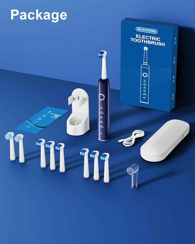 Rotating Electric Toothbrush for Adults, 8 Brush Heads (2 Types) & Travel Case, 5 Cleaning Modes Rechargeable Power Toothbrush with 2-Minute Smart Timer, Black