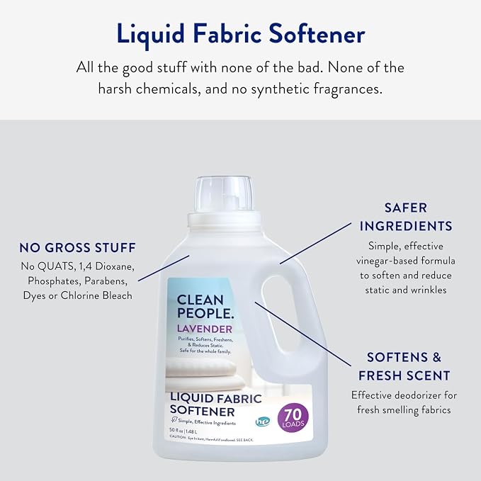 Clean People All Natural Liquid Fabric Softener - Plant-Based, Eco Friendly - Naturally Softens & Removes Static Cling - Vegan - Lavender Scented Laundry Softener - 50 fl oz - 70 loads