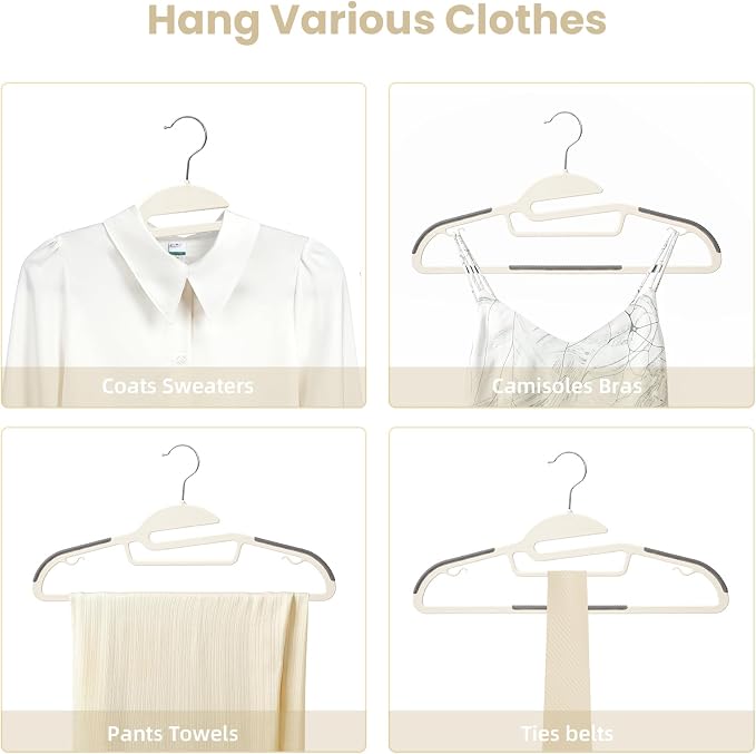 BAGAIL Plastic Hangers 50 Pack with Non-Slip Design,0.2 Inches Thick, 360°Swivel Hook Space Saving Organizer for Bedroom Closet,Shirts,Pants(Beige- S Shaped)