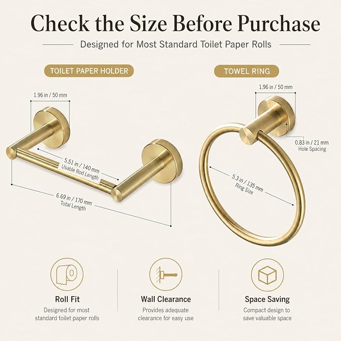 Gold Toilet Paper Holder Towel Ring, Brushed Gold Bathroom Accessories Hand Towel Holder Wall Mount Bath Hardware Set Tissue Roll Holder with Double Post SUS304 Stainless Steel 2pc