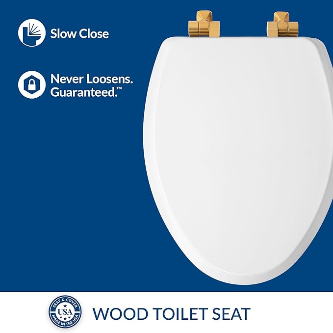 Mayfair Bennett Toilet Seat with Brushed Gold Hinges, Slow Close Wood Seat, Secure Metal Hinges, Easy Install, Made in USA, Elongated, White