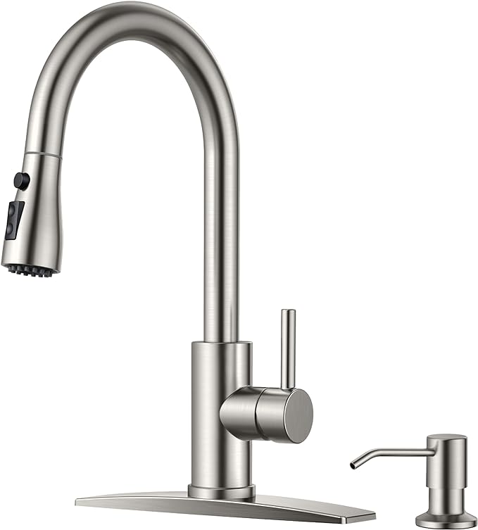 FORIOUS Kitchen Faucets with Soap Dispenser and Pull Down Sprayer, Brushed Nickel, Bar High Arc Single Handle Classic 3 Modes Stainless Steel Faucet for Kitchen Sink Farmhouse RV Laundry Camper