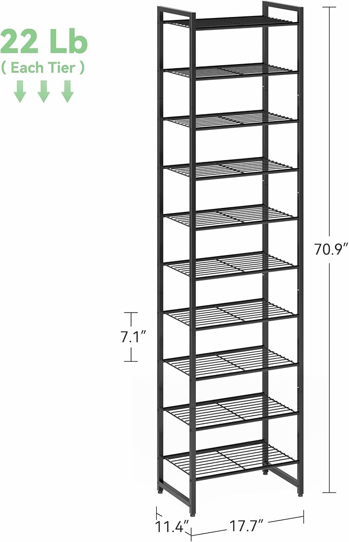 Nunsino Narrow Shoe Rack, 10-Tier Metal Shoe Organizer,Tall Shoe Shelf with Anti-Tip Strap, Max Holds 22 Pairs,Space Saving for Closet,Entryway,Black