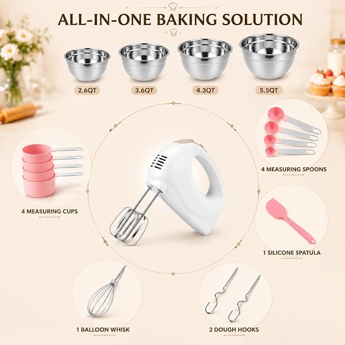 Hand Mixer Electric with 4 Stainless Steel Mixing Bowls, Measuring Cups & Spoons, Silicone Spatula, 5-Speed Handheld Electric Mixer for Baking Cake, Cookies, Whipping Cream