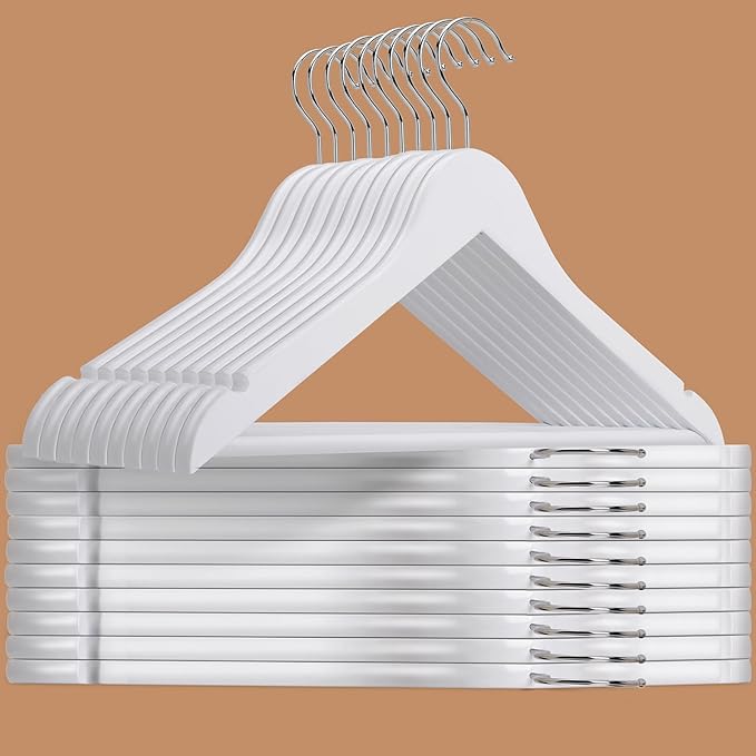 Amber Home 20 Pack White Wooden Coat Hangers, White Wood Suit Hangers with Non-Slip Pant Bar, Clothes Hangers for Closet Organization, Shirts, Jackets, Dresses, and Pants (White, 20)