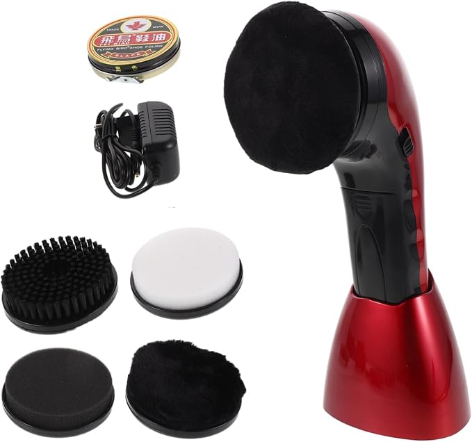 Electric Shoe Polishing Brush Set with Replacement Brush Head | Red 710 Model, Plug-in and Battery Dual Power, Fiber Sponge Plastic Build, for Office Travel Use