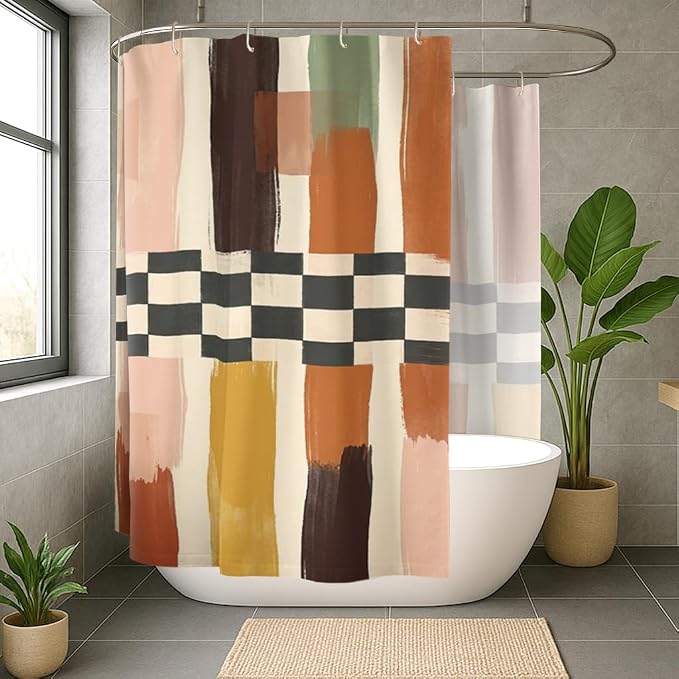 Brush Patterns Extra Wide Shower Curtain, Modern Abstract Checkered Stripes Fall Earth Tones Polyester Waterproof Toile Cloth Shower Curtains Decor for Toile Bathroom Dorm 108x72 Inch